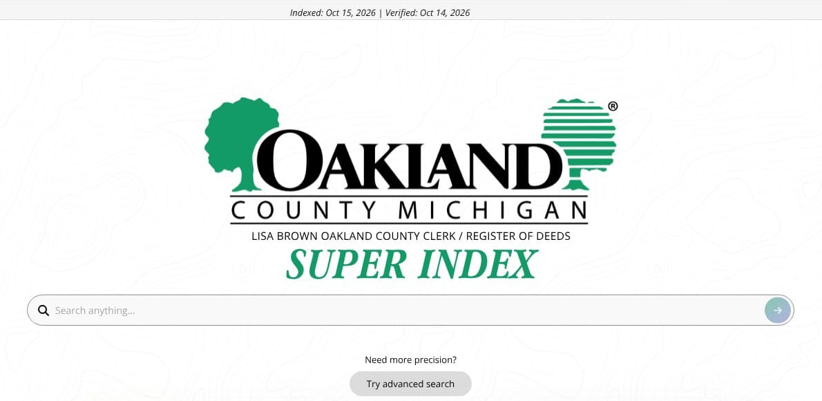The Oakland County Super Index home page, with a Search anything box under the county logo and a top banner reading Indexed: Oct 15, 2026, Verified: Oct 14, 2026