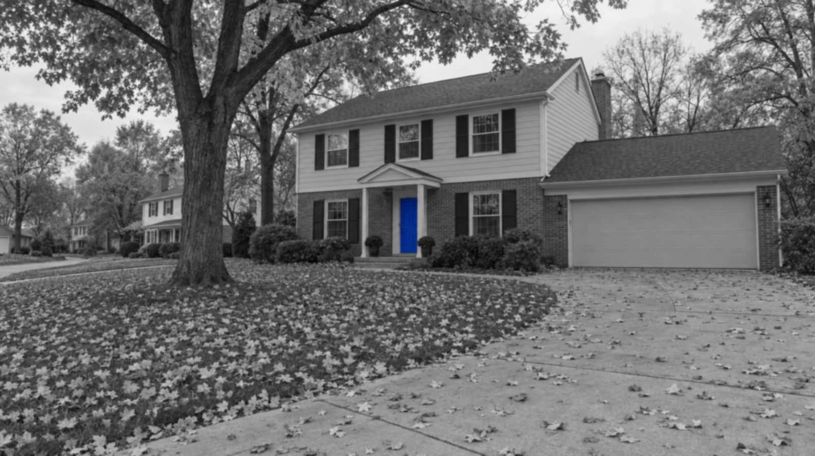 Black-and-white photo of a two-story brick and siding colonial on a leafy Michigan street, with fallen maple leaves on the lawn and driveway and a bright blue front door