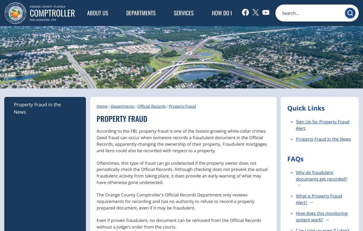 The Orange County Comptroller's Property Fraud web page, with a Sign Up for Property Fraud Alert link under Quick Links.