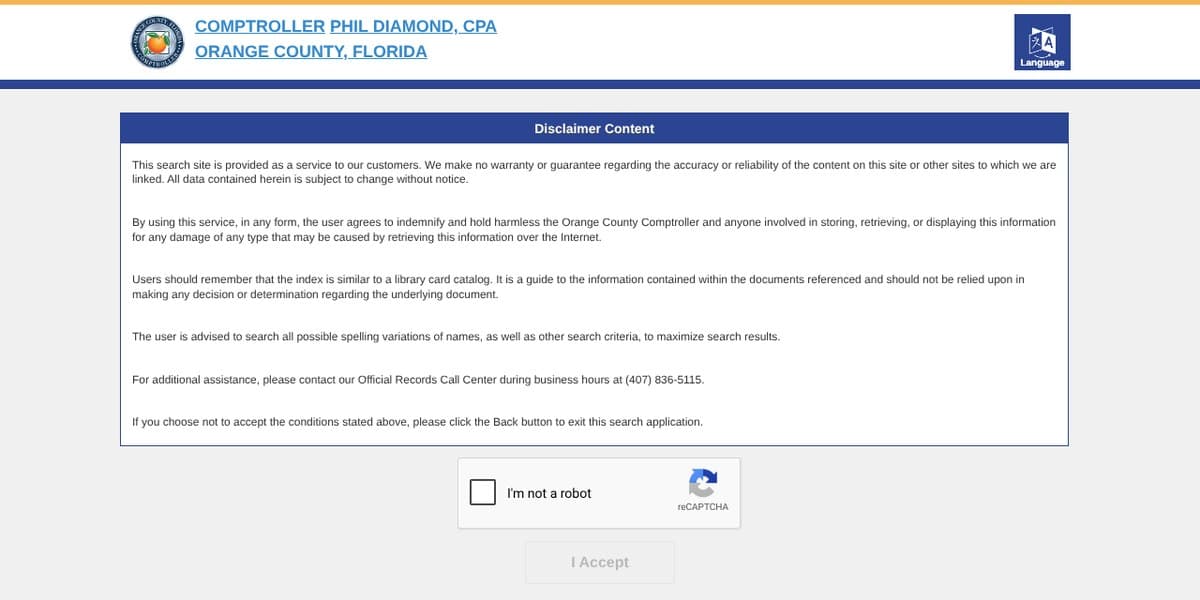 The Orange County Comptroller's Official Records search disclaimer page, with an I'm not a robot box and an I Accept button.