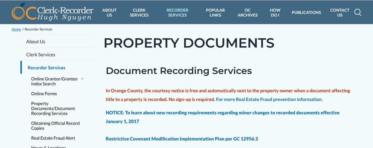 The OC Clerk-Recorder's Property Documents web page, with a red line saying the courtesy notice is free and automatically sent to the property owner when a document affecting title is recorded, and that no sign-up is required