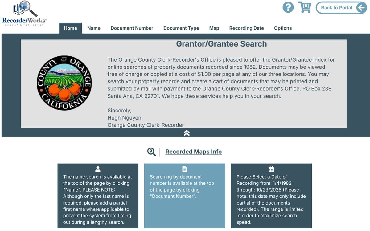 The Orange County Clerk-Recorder's RecorderWorks search page, with the county seal, a note that documents recorded since 1982 can be searched, and tabs for name, document number and recording date searches