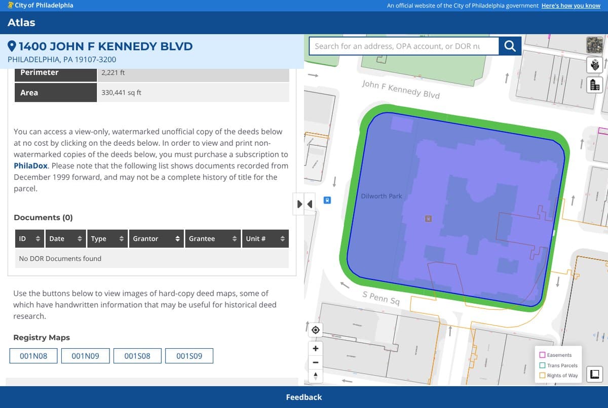 City of Philadelphia Atlas page for 1400 John F. Kennedy Boulevard, City Hall, showing the Deeds section, its note about free watermarked copies, and an empty table with ID, date, type, grantor and grantee columns