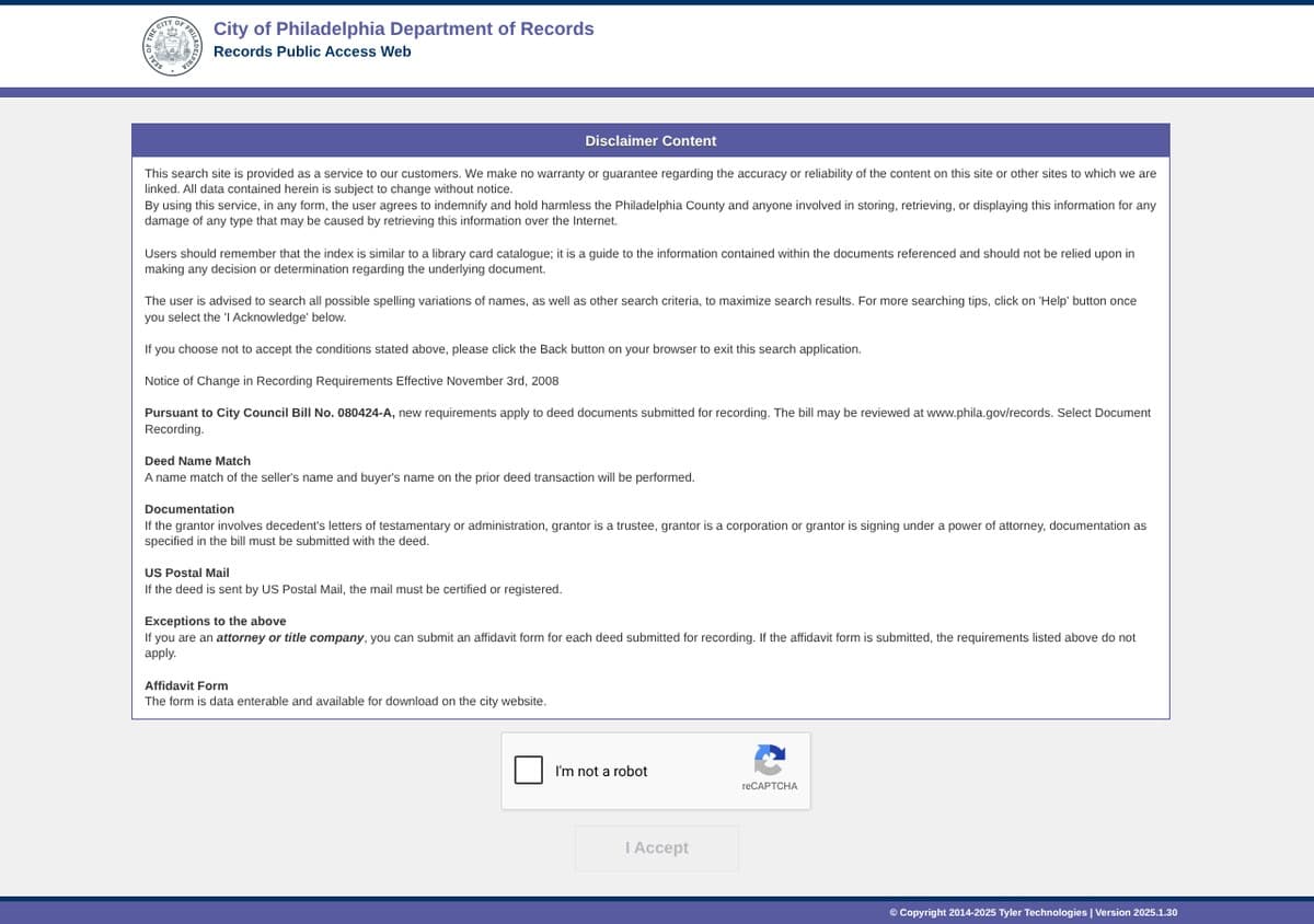 Department of Records Records Public Access Web page with its disclaimer, the 2008 deed recording rules, an I'm not a robot checkbox and a gray I Accept button
