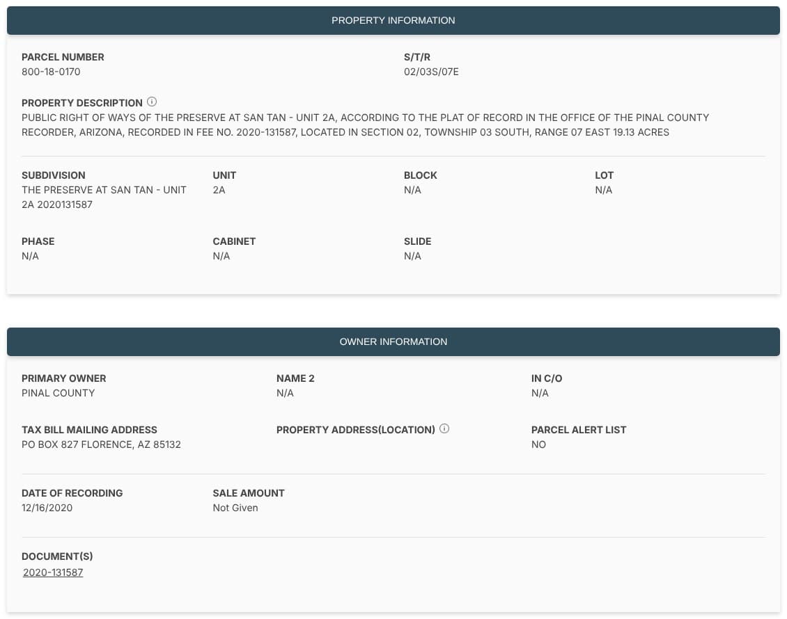 Assessor parcel details for a county-owned right-of-way parcel: parcel number, legal description, owner Pinal County, a Florence P.O. box as the tax bill mailing address, Parcel Alert List set to NO, and the date of recording.