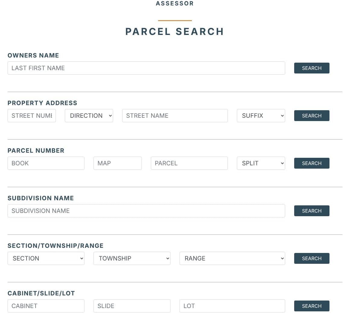 Pinal County Assessor Parcel Search form with six ways to search: owner's name, property address, parcel number, subdivision name, section/township/range, and cabinet/slide/lot.