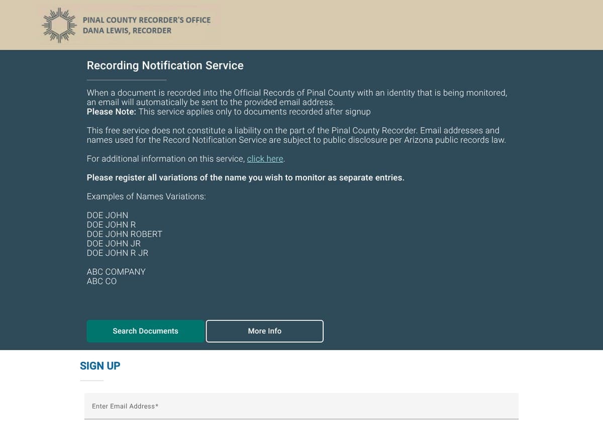 Pinal County Recorder's Recording Notification Service sign-up page explaining email alerts, with sample name variations such as DOE JOHN and DOE JOHN R and an email sign-up box.