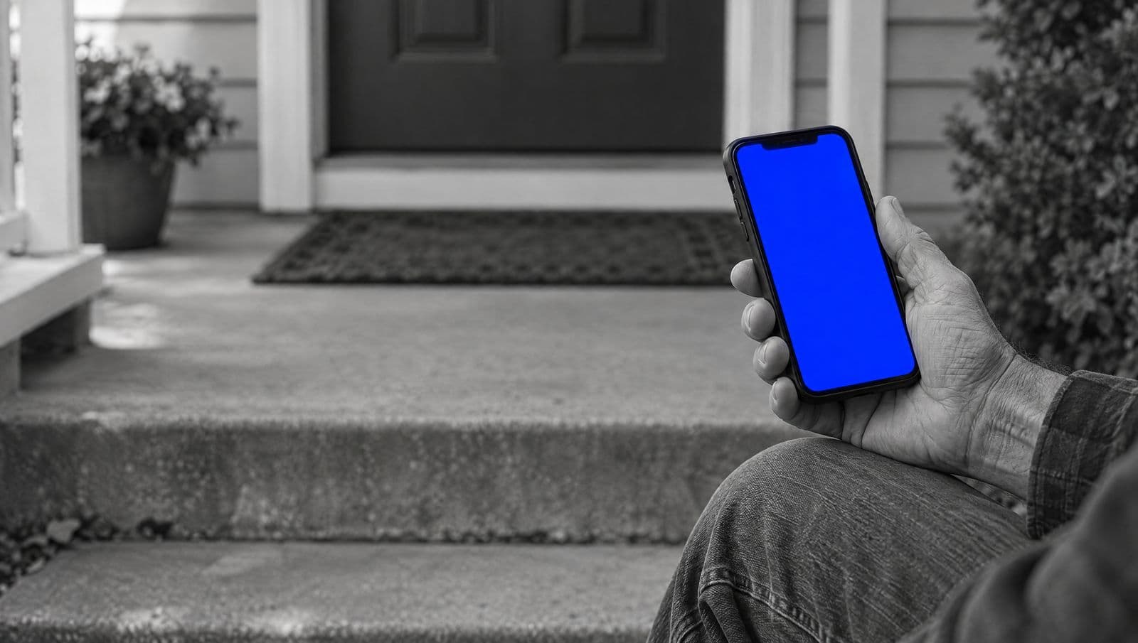 A homeowner's hand holds a phone on the front steps of a house. The phone screen glows blue.