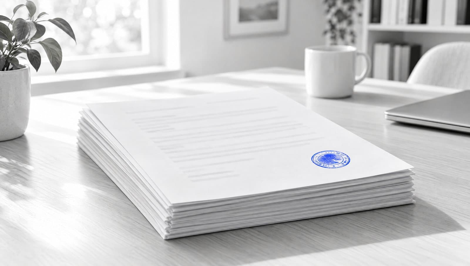 A neat stack of plain papers on a desk in black and white. The top sheet has one round blue stamp mark.
