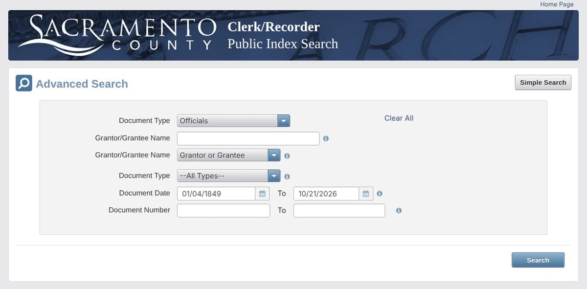 The Sacramento County Clerk/Recorder Public Index Search on its Advanced Search screen, with a box for a grantor or grantee name, a document type menu and a document date range from 01/04/1849 to 10/21/2026