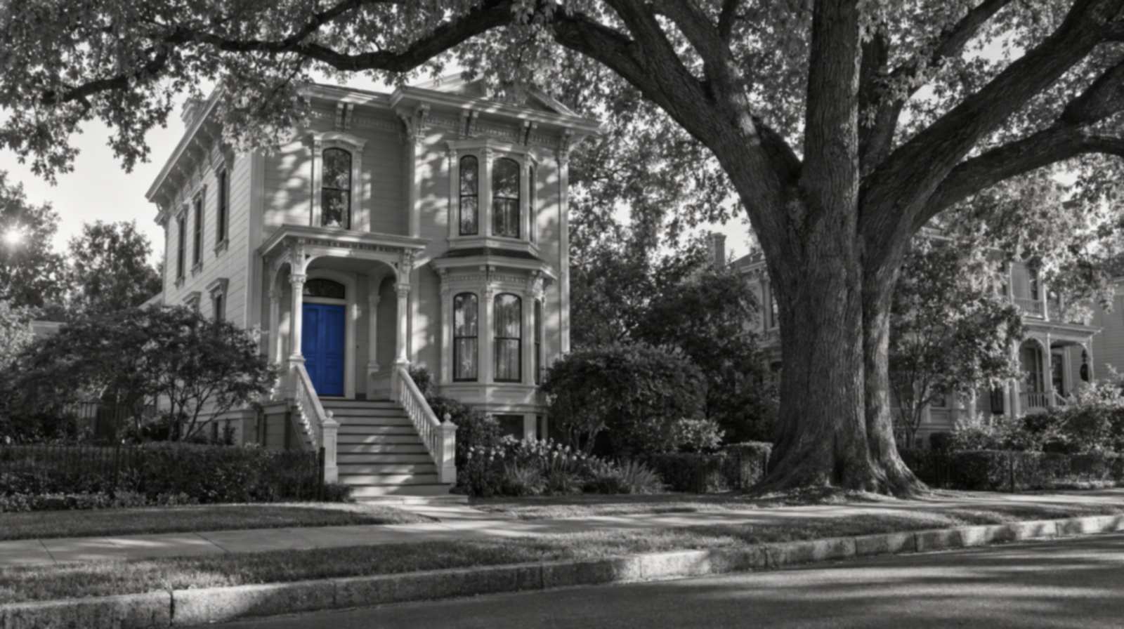 Black-and-white photo of a two-story Victorian house in Midtown Sacramento with a blue front door, wooden front steps and a huge elm shading the sidewalk
