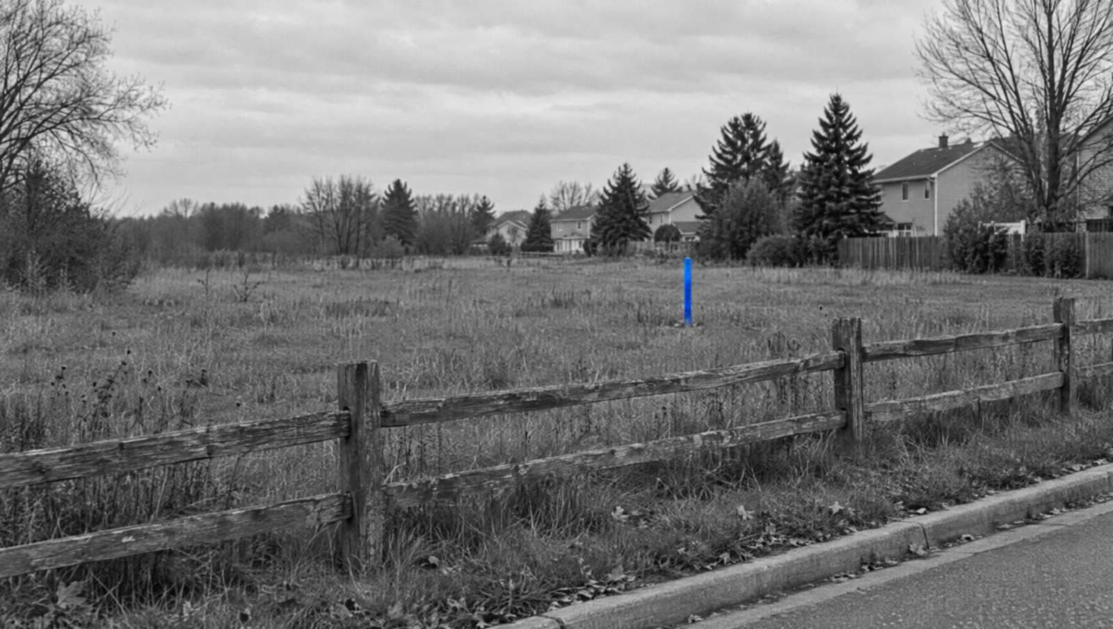 An empty grassy lot behind a split-rail wooden fence in black and white, with one bright blue survey stake in the grass.