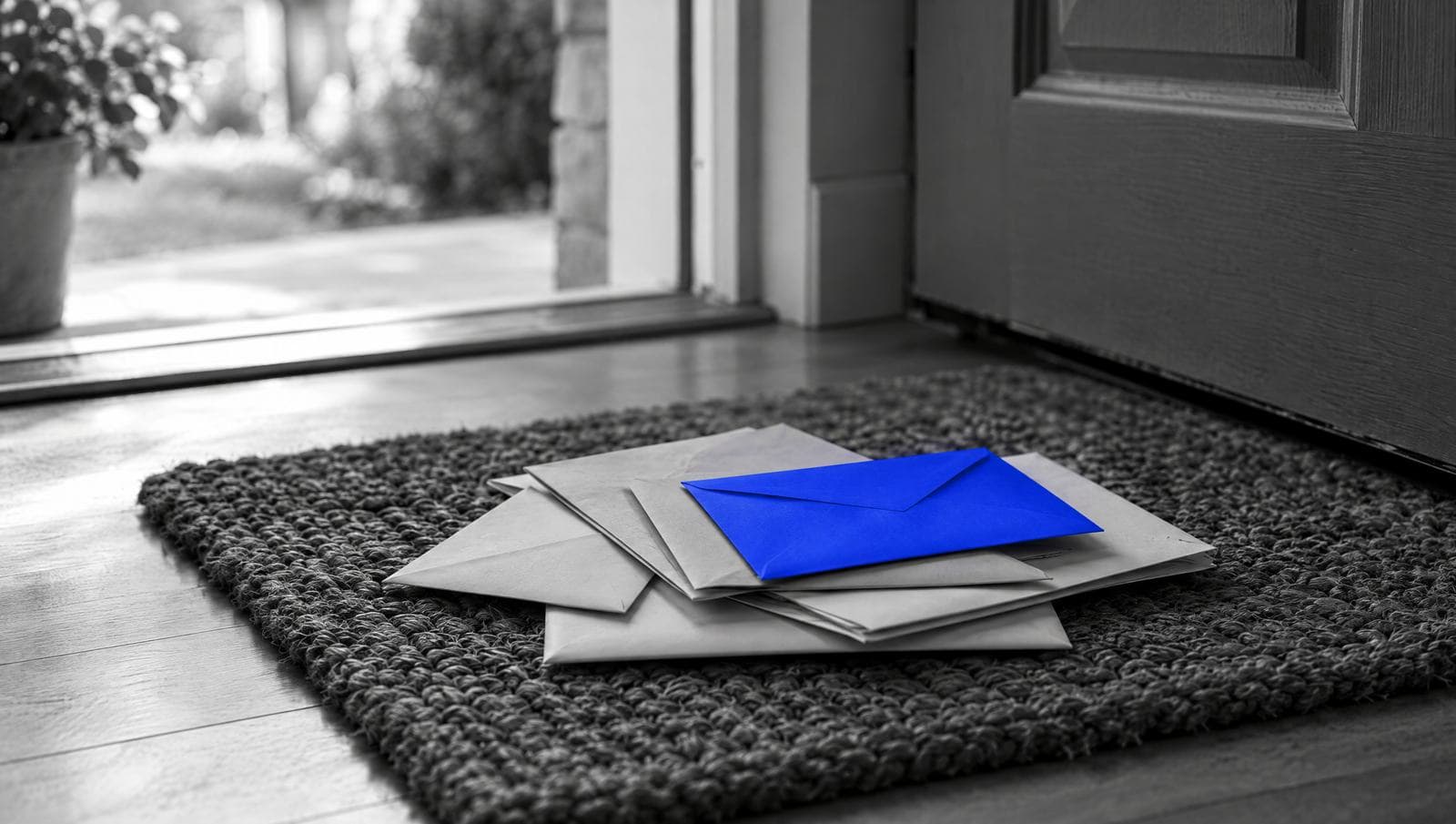 A small pile of envelopes on a doormat inside a front door. One envelope is bright blue.