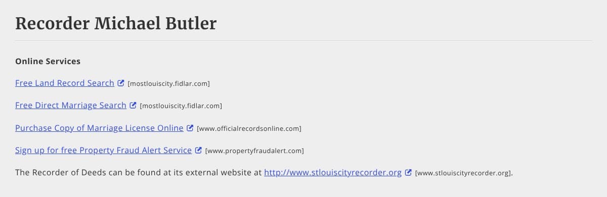City of St. Louis Recorder of Deeds web page listing online services, including a free land record search and a free Property Fraud Alert sign-up
