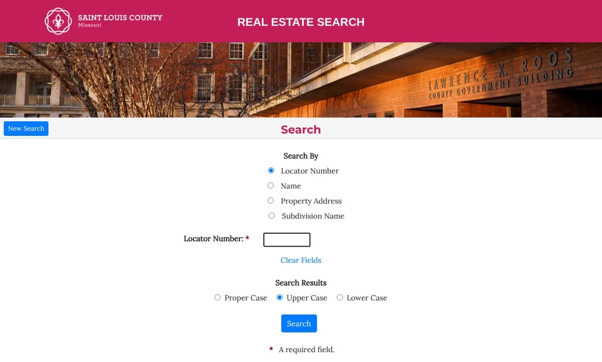 St. Louis County Real Estate Search page, with a photo of the County government building and search options by locator number, name, property address and subdivision